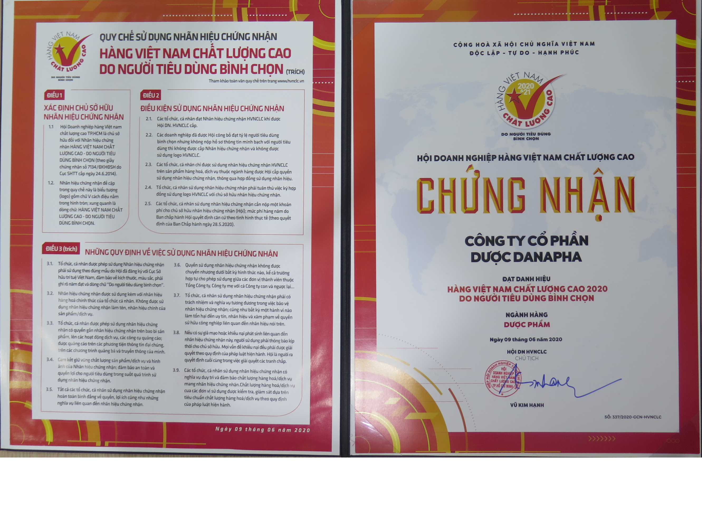 Danapha - Đạt danh hiệu Hàng Việt Nam Chất Lượng Cao 2020 
