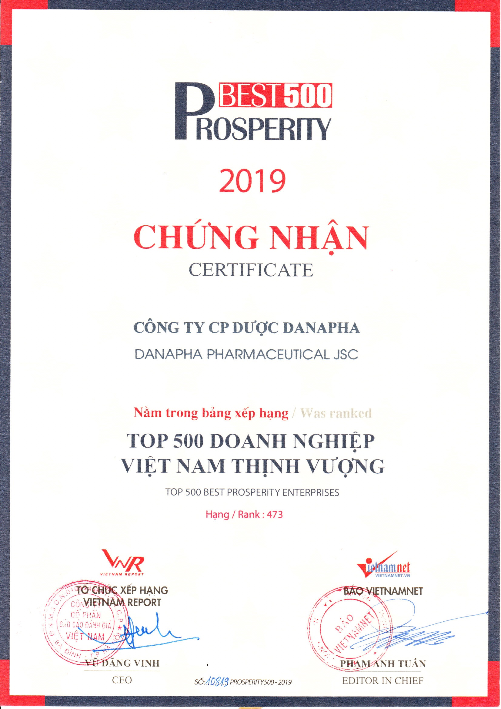 Danapha - Top 500 doanh nghiệp Việt Nam thịnh vượng 2019